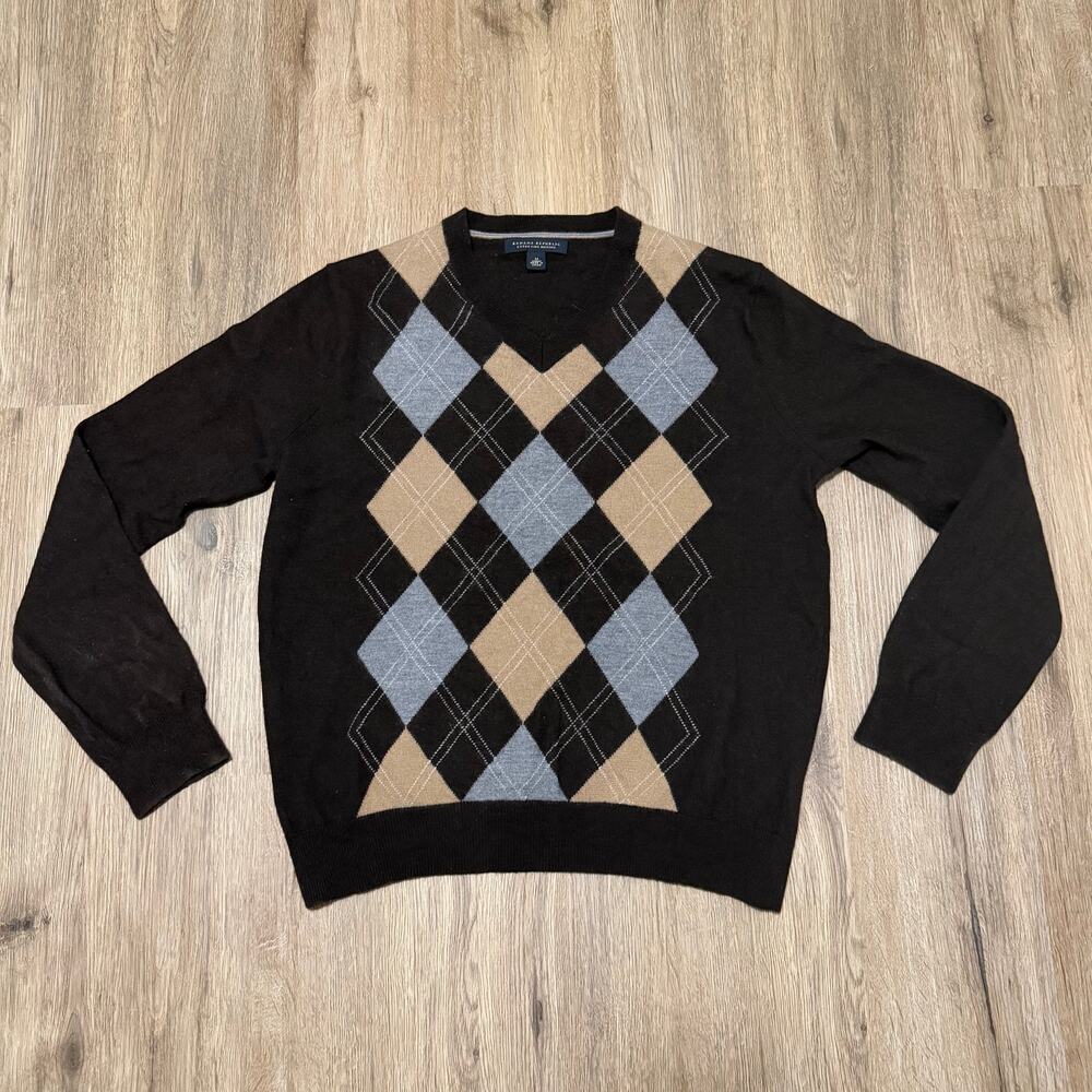 Banana Republic Extra Fine Merino Argyle Pattern Sweater Brown Mens Size Medium